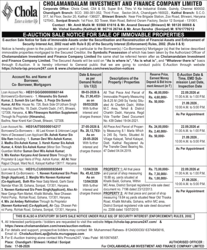 E-Auction Sale Notice for Immovable Properties by Chola