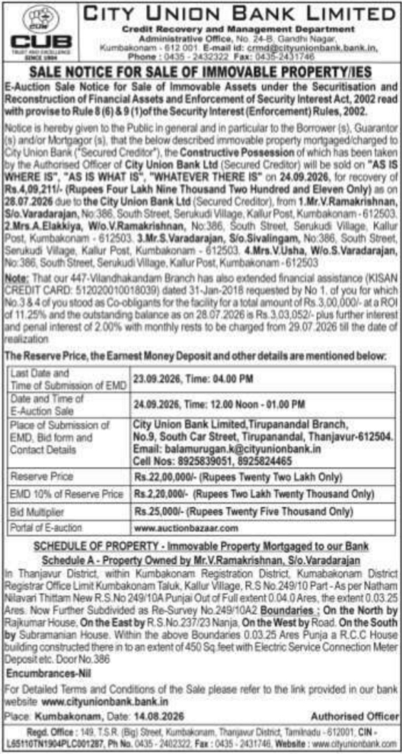 E-Auction Sale Notice for Immovable Properties by City Union Bank