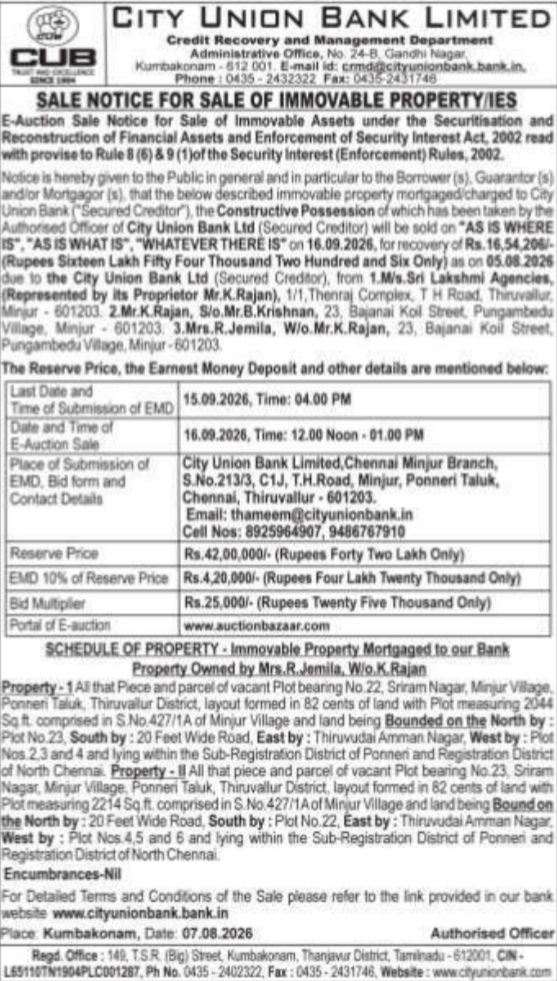 E-Auction Sale Notice for Immovable Properties by CUB
