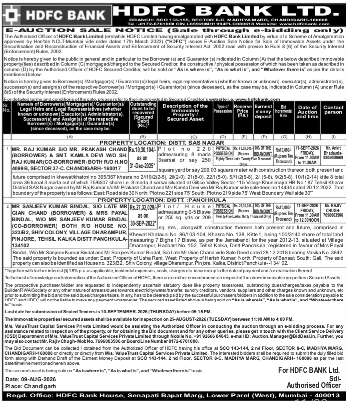 E-Auction Sale Notice for Immovable Properties by HDFC Bank Limited
