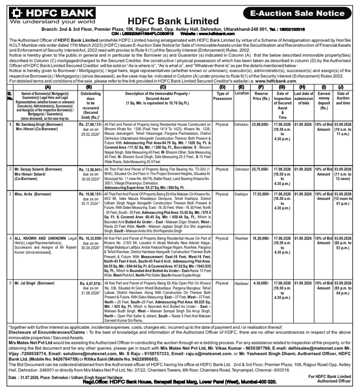 E-Auction Sale Notice for Immovable Properties by HDFC Bank