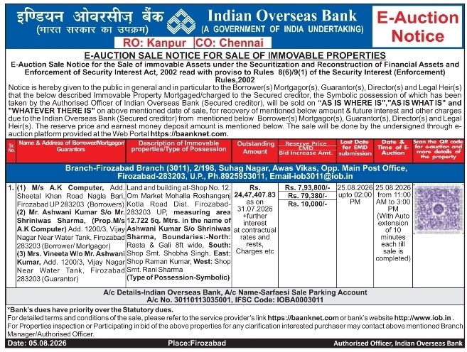 E-Auction Sale Notice for Immovable Properties by Indian Overseas Bank