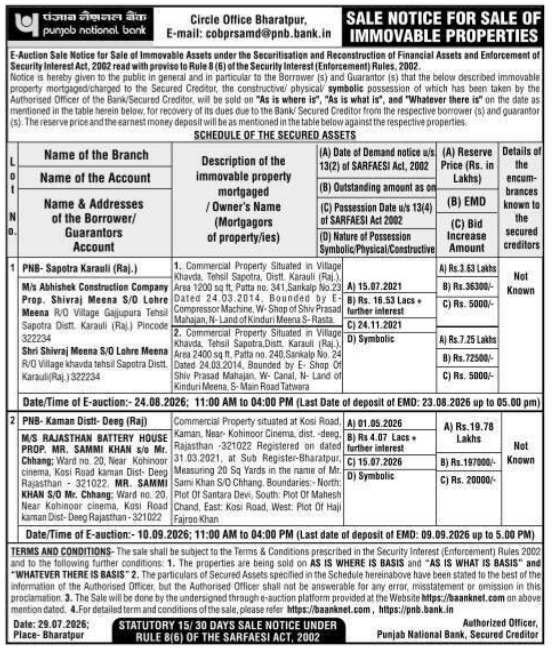 E-Auction Sale Notice for Immovable Properties by Punjab National Bank