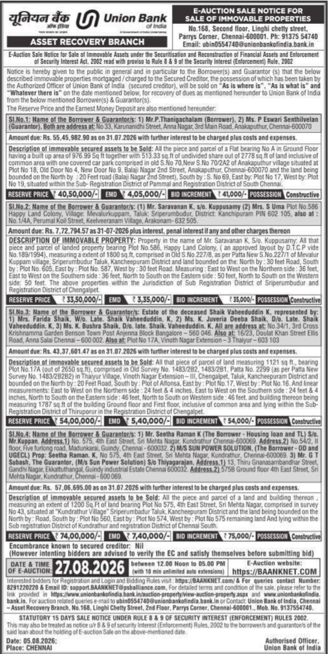 E-Auction Sale Notice for 4 Properties by Union Bank Chennai