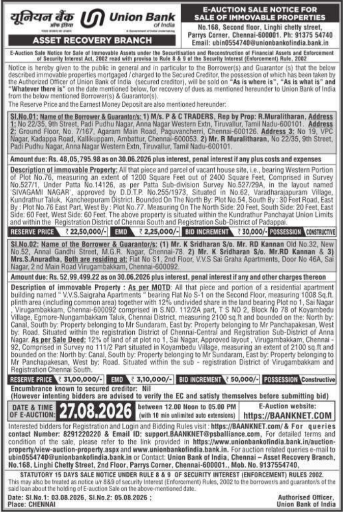 E-Auction Sale Notice for 2 Properties by Union Bank Chennai