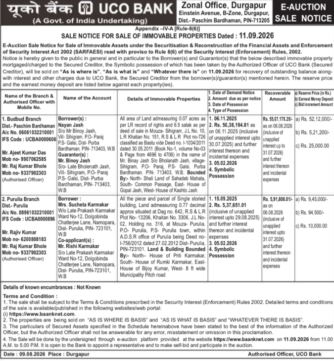 E-Auction Sale Notice for Immovable Properties by UCO Bank Durgapur