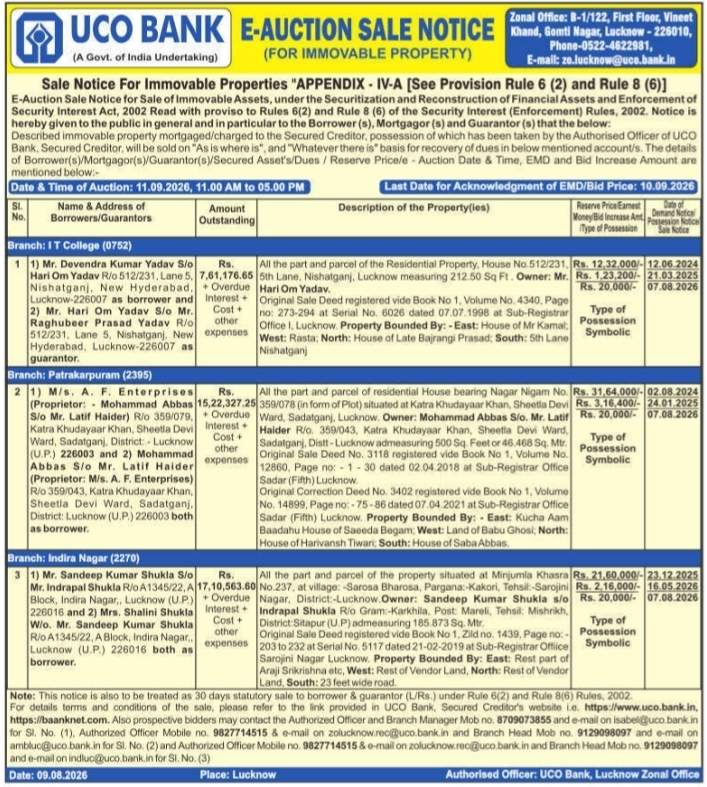 E-Auction Sale Notice for Immovable Properties by UCO Bank
