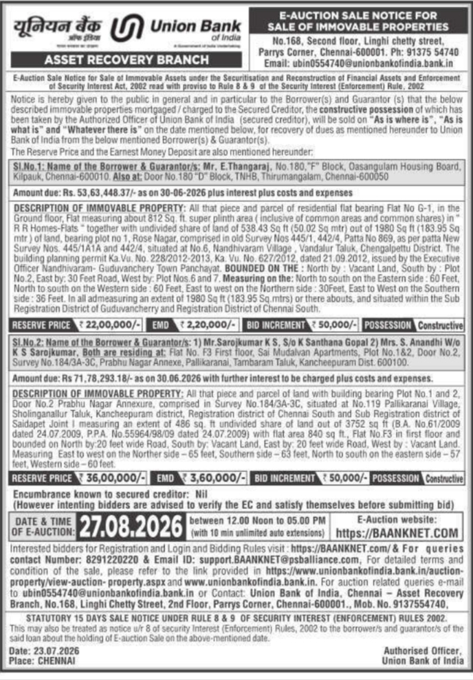 E-Auction Sale Notice for Immovable Properties by Union Bank of India