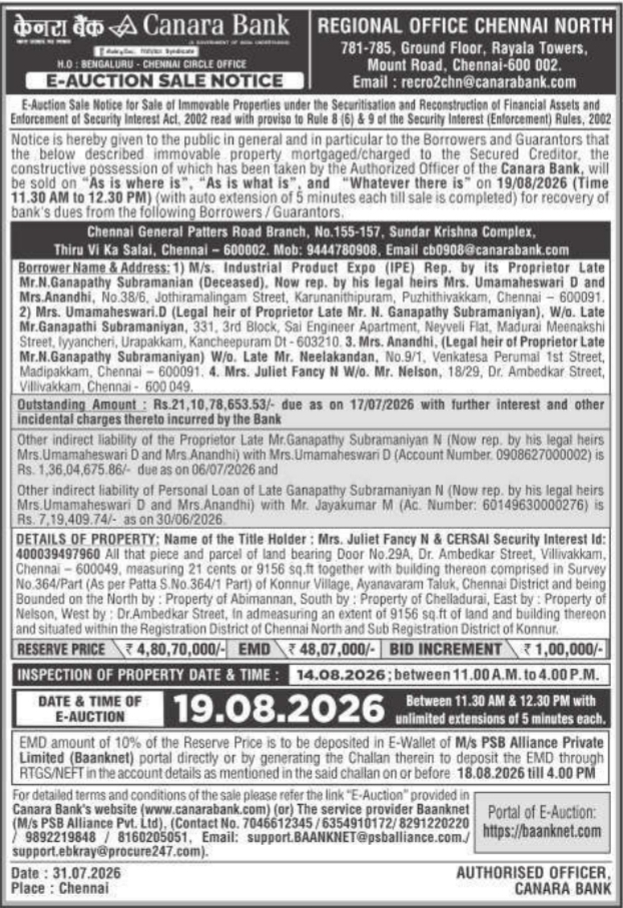 E-Auction Sale Notice for Immovable Properties (Canara Bank)