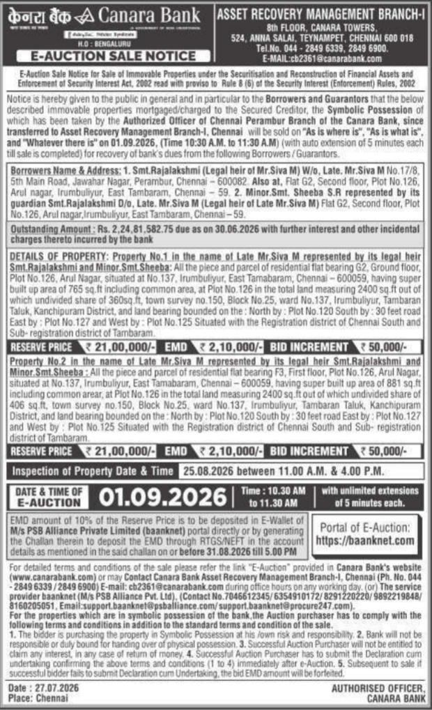 E-Auction Sale Notice for Immovable Properties (Canara Bank)
