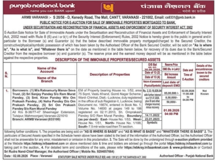 E-Auction Sale Notice for Immovable Properties (Punjab National Bank - Varanasi)