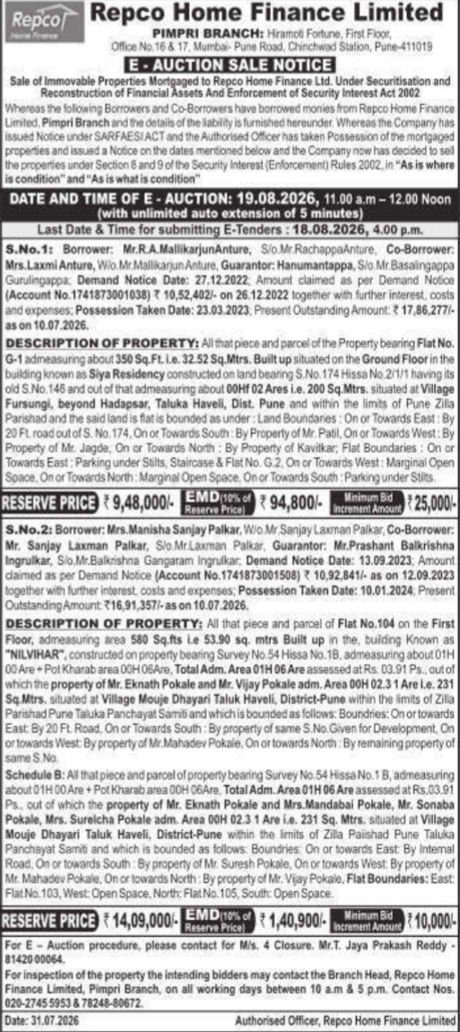 E-Auction Sale Notice for Immovable Properties (Repco Home Finance)