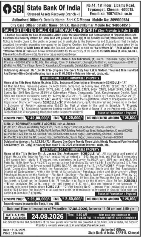 E-Auction Sale Notice for Immovable Properties (State Bank of India)