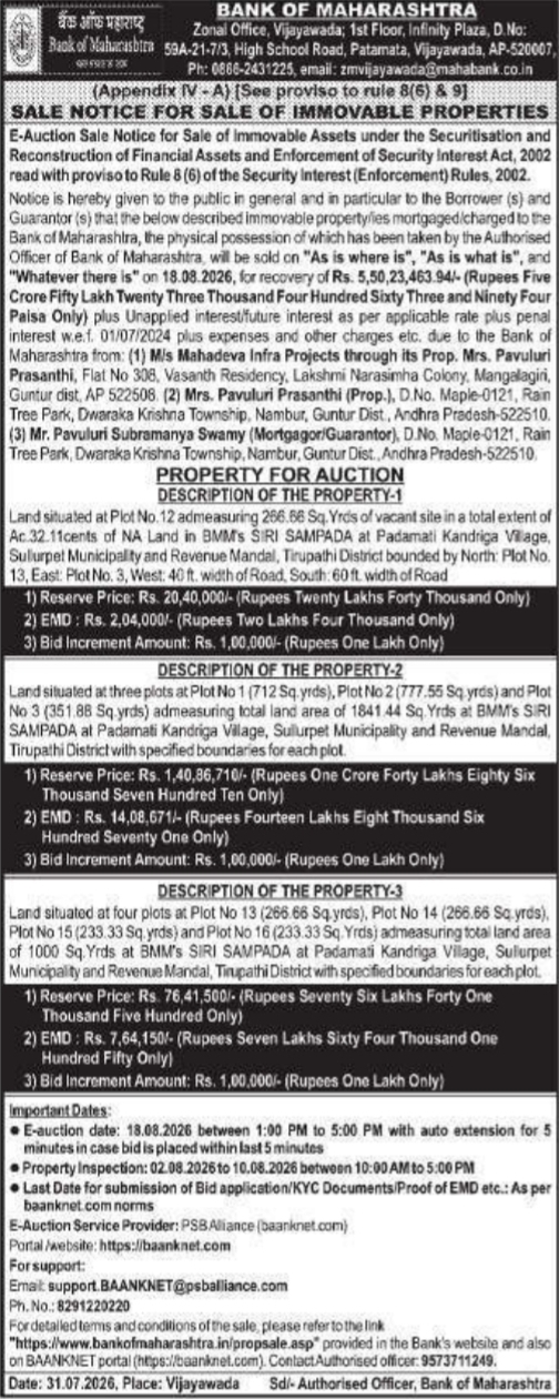 E-Auction Sale Notice for Immovable Properties