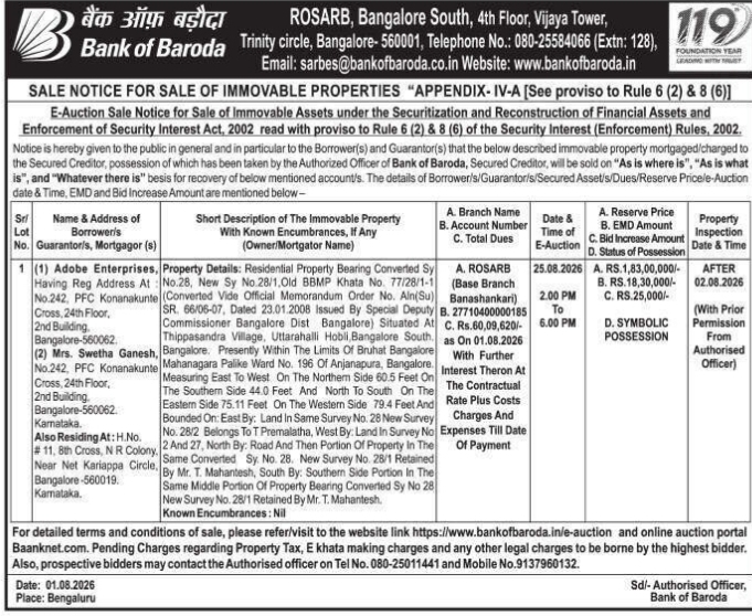 E-Auction Sale Notice for Immovable Property (Bank of Baroda)