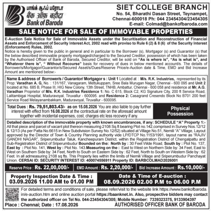 E-Auction Sale Notice for Immovable Property by Bank of Baroda