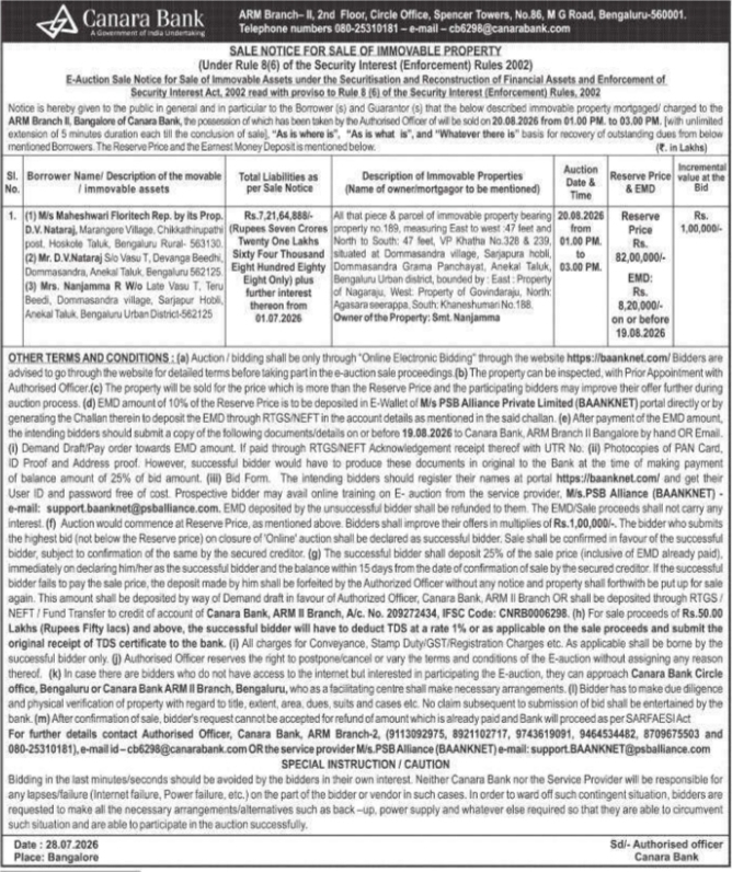 E-Auction Sale Notice for Immovable Property by Canara Bank