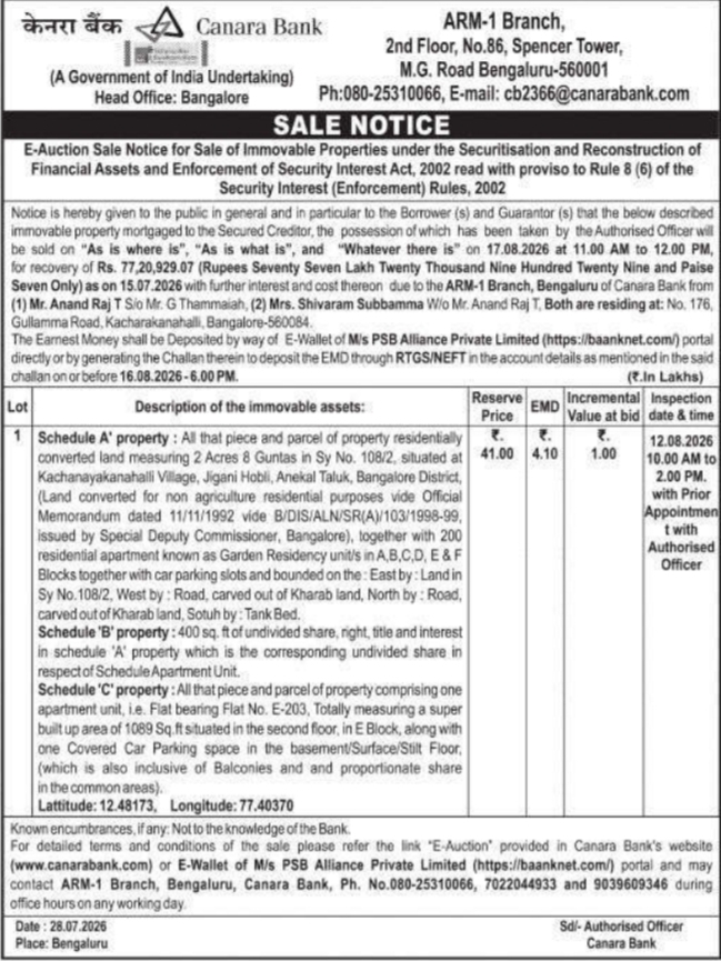 E-Auction Sale Notice for Immovable Property by Canara Bank