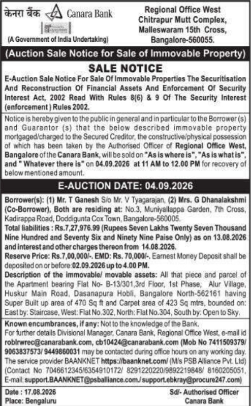 E-Auction Sale Notice for Immovable Property by Canara Bank