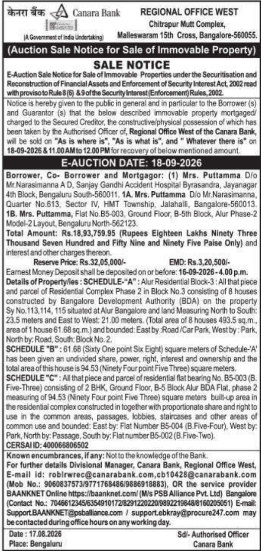 E-Auction Sale Notice for Immovable Property by Canara Bank