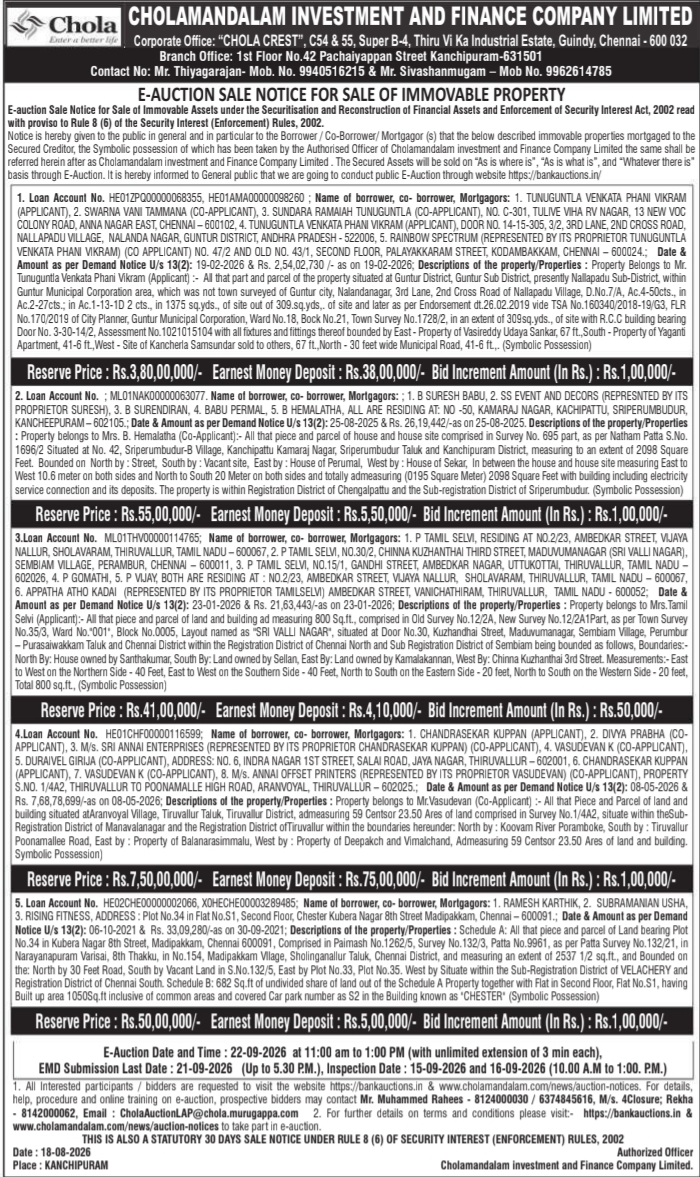 E-Auction Sale Notice for Immovable Property by Chola