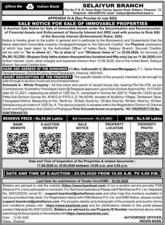 E-Auction Sale Notice for Immovable Property by Indian Bank