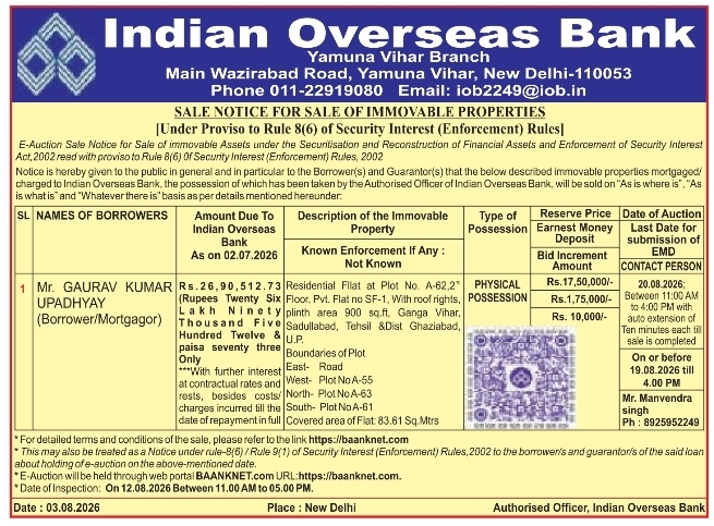 E-Auction Sale Notice for Immovable Property by Indian Overseas Bank