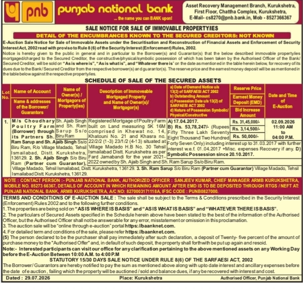 E-Auction Sale Notice for Immovable Property by Punjab National Bank