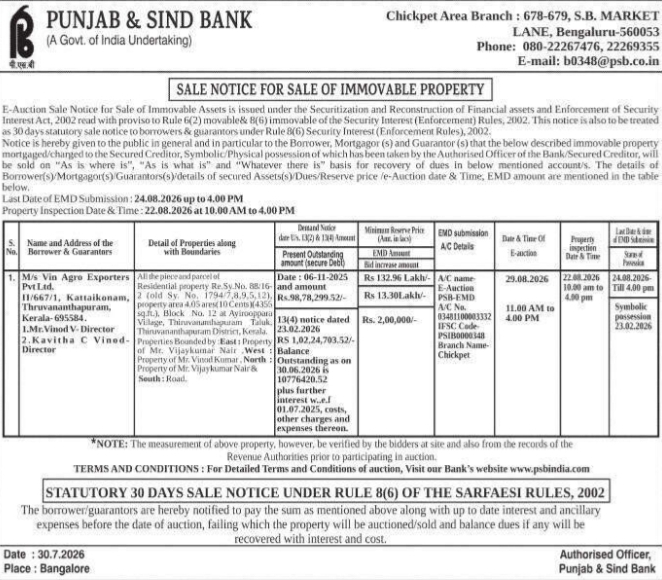 E-Auction Sale Notice for Immovable Property by Punjab & Sind Bank
