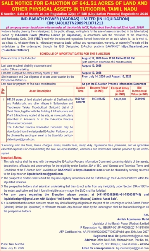 E-Auction Sale Notice for Ind-Barath Power (Madras) Limited
