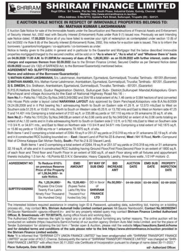 E-Auction Sale Notice for Mathan Kumar Lakshmanan by Shriram Finance Limited