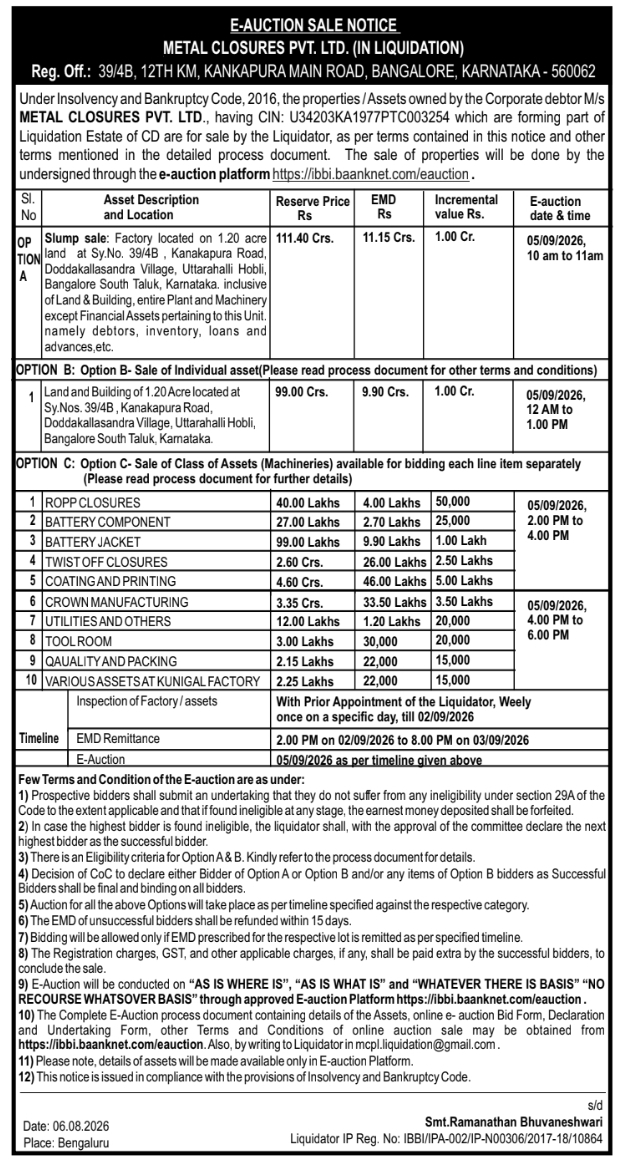 E-Auction Sale Notice for Metal Closures Assets