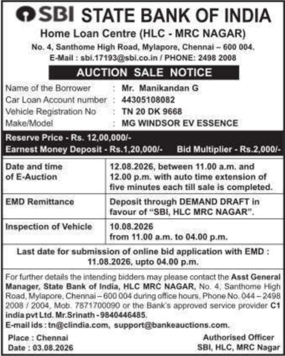 E-Auction Sale Notice for MG Windsor EV by SBI Home Loan Centre