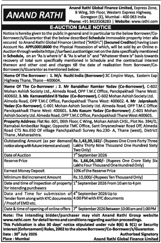 E-Auction Sale Notice for Mohan Ashish CHSL by Anand Rathi Global Finance Limited