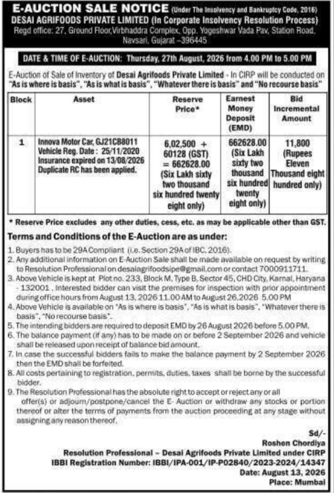 E-Auction Sale Notice for Motor Vehicle by Desai Agrifoods Private Limited