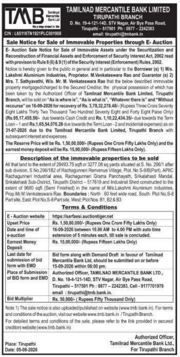 E-Auction Sale Notice for M/s Lakshmi Aluminium Industries by Tamilnad Mercantile Bank