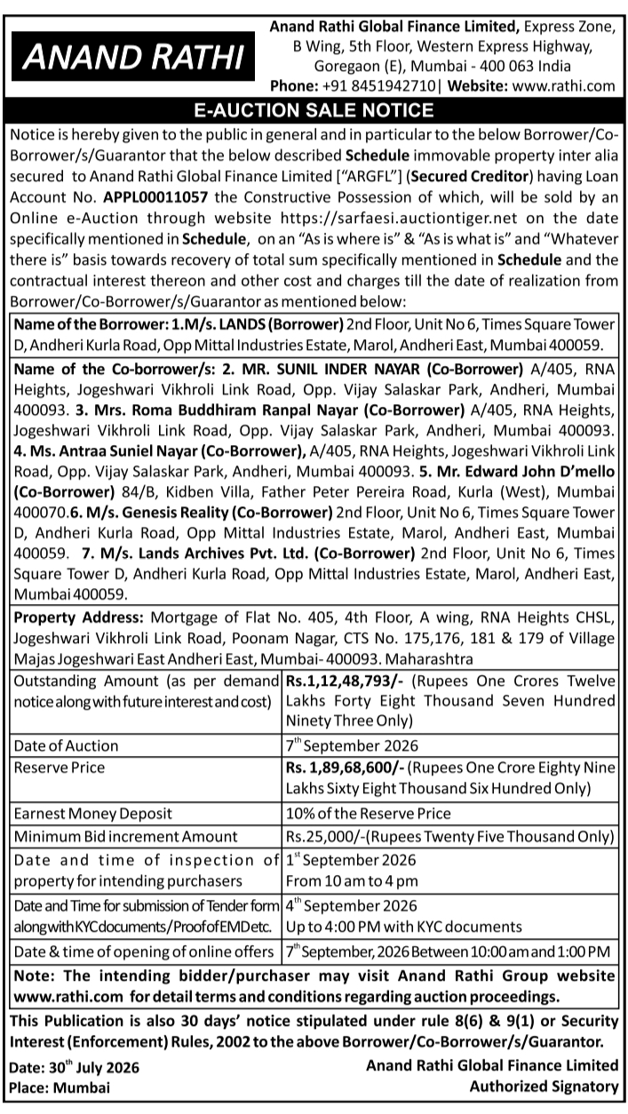 E-Auction Sale Notice for Multiple Borrowers by Anand Rathi Global Finance Limited