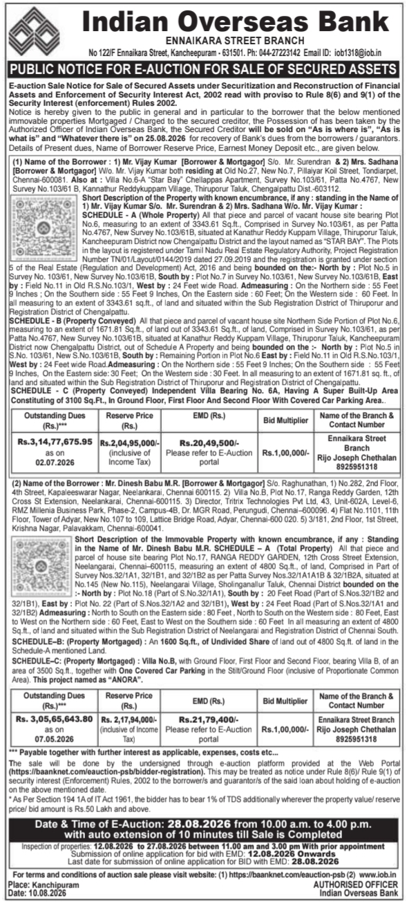 E-Auction Sale Notice for Multiple Luxury Villas by Indian Overseas Bank