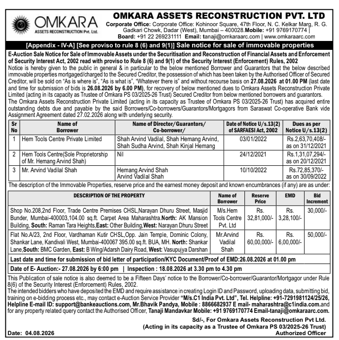E-Auction Sale Notice for Multiple Properties by Omkara ARC