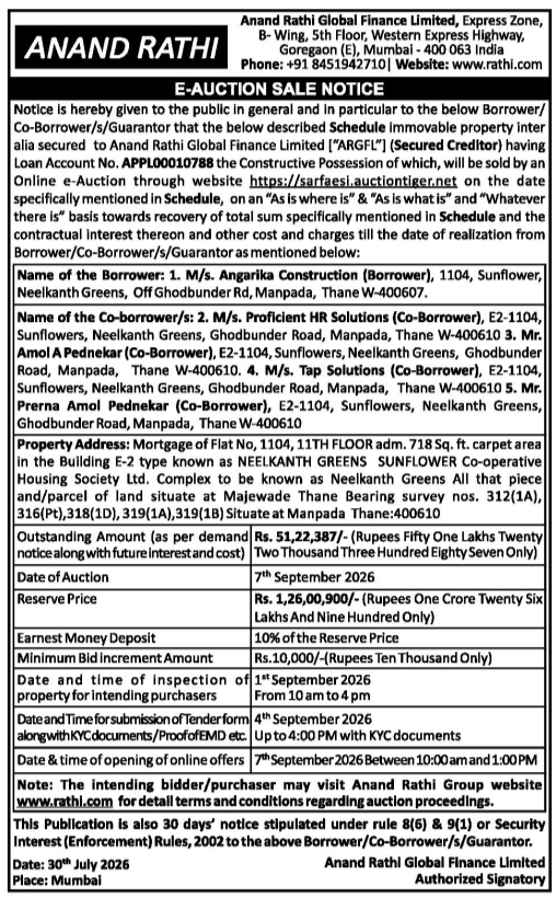 E-Auction Sale Notice for Neelkanth Greens by Anand Rathi Global Finance Limited