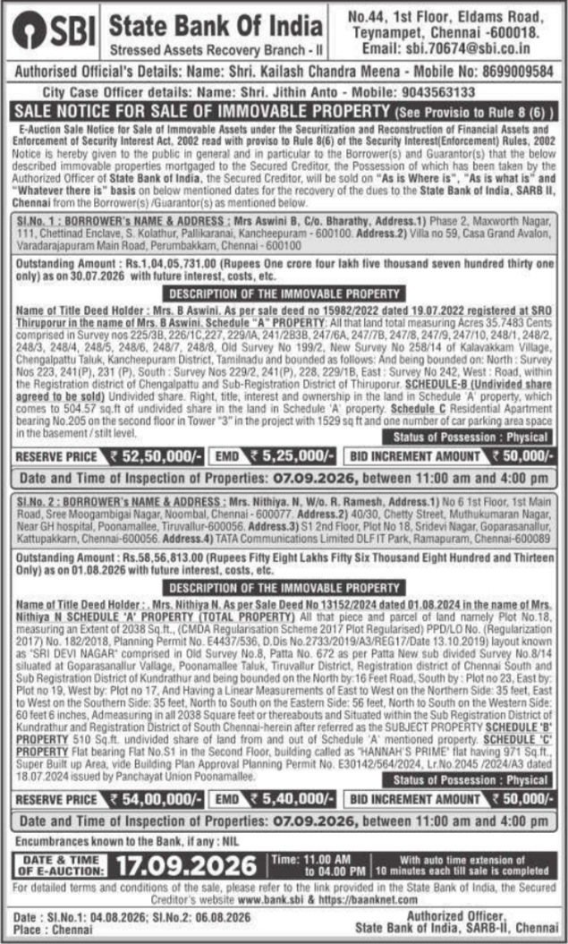 E-Auction Sale Notice for Property by SBI Chennai