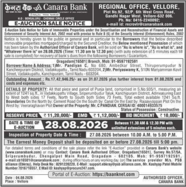 E-Auction Sale Notice for Punja Land Property by Canara Bank