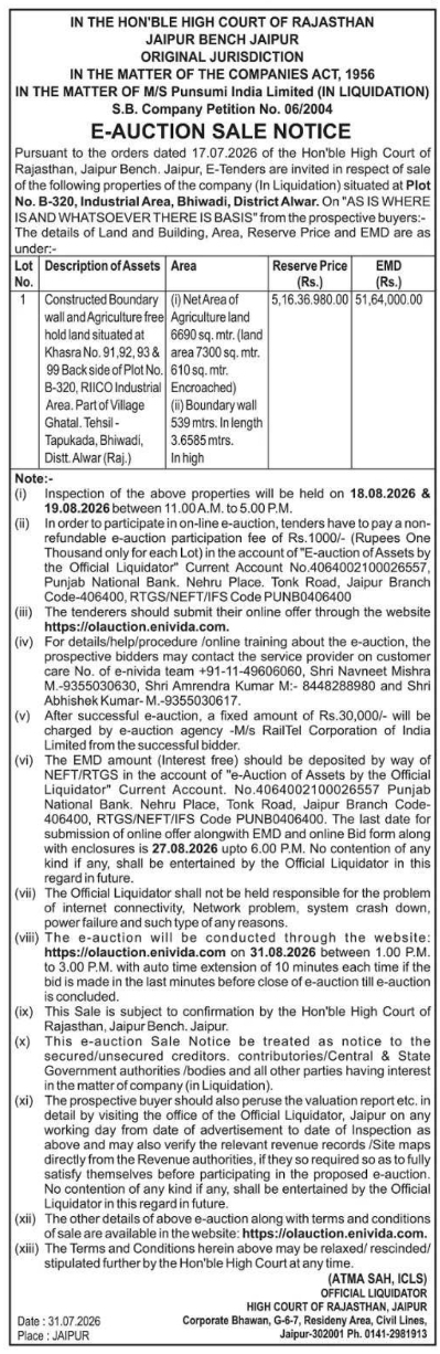 E-Auction Sale Notice for Punsumi India Limited Assets