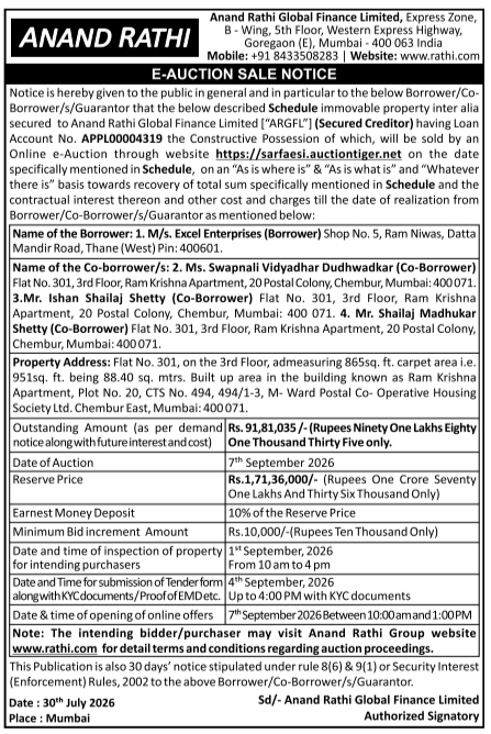 E-Auction Sale Notice for Ram Krishna Apartment by Anand Rathi Global Finance Limited