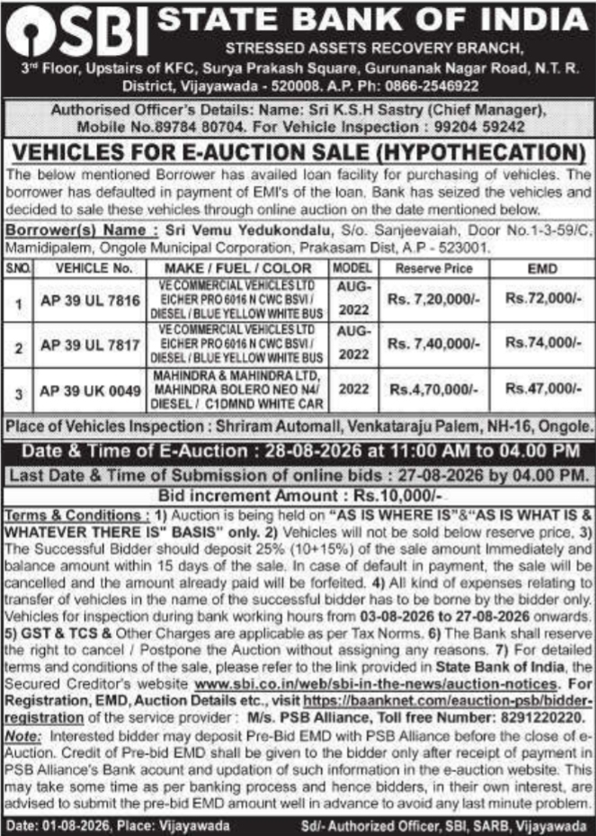 E-Auction Sale Notice for Repossessed Commercial Vehicles by SBI