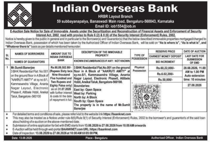 E-Auction Sale Notice for Residential Flat by Indian Overseas Bank