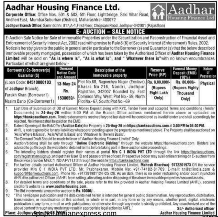 E-Auction Sale Notice for Residential Plot in Jodhpur
