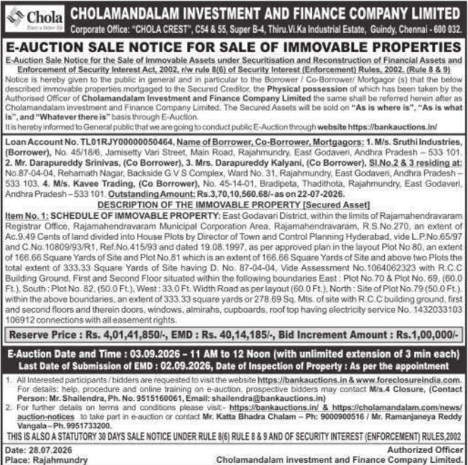 E-Auction Sale Notice for Sale of Immovable Properties by Cholamandalam Investment