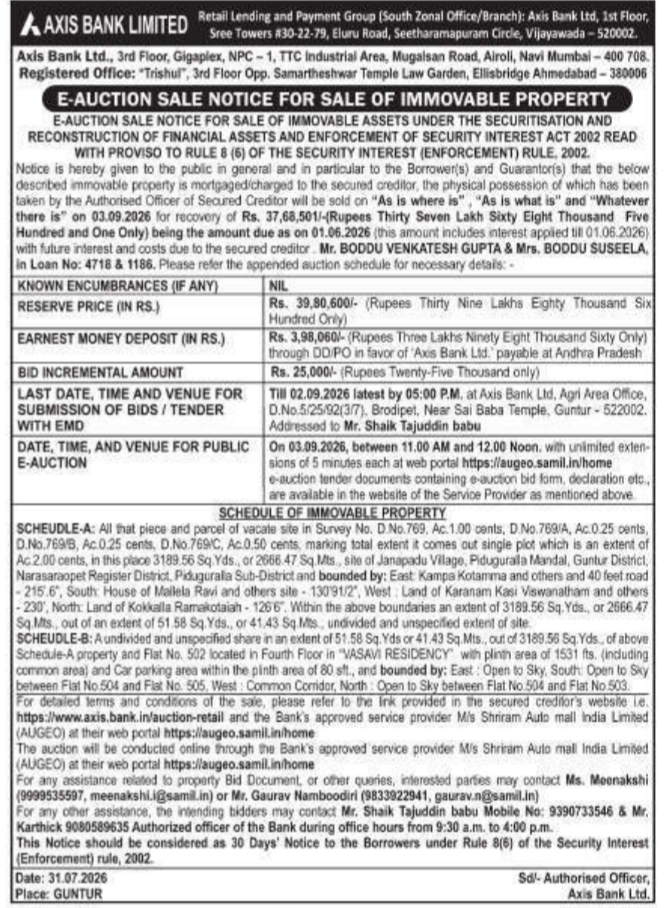 E-Auction Sale Notice for Sale of Immovable Property by Axis Bank