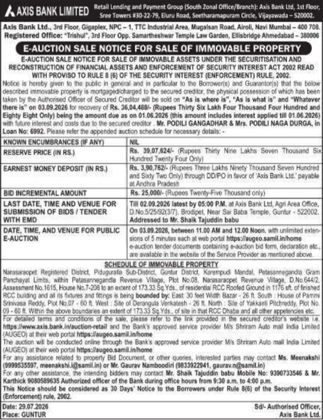 E-Auction Sale Notice for Sale of Immovable Property by Axis Bank